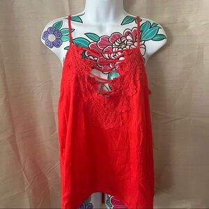 Francescas Collections Red Orange V Neck Lace Front Blouse